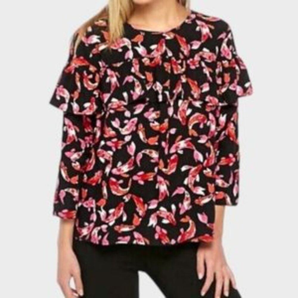 Crown and Ivy Black and Coral Koi Fish Print Ruffled Top Size Small